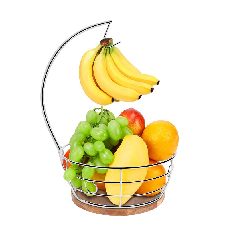 Livabber Countertop Fruit Basket Bowl with Banana Hanger, Modern Standing Fruit Vegetable Bowl Storage, with Banana Tree Holder for Kitchen Dinning Table (Round Wood, Chrome) - Image 1