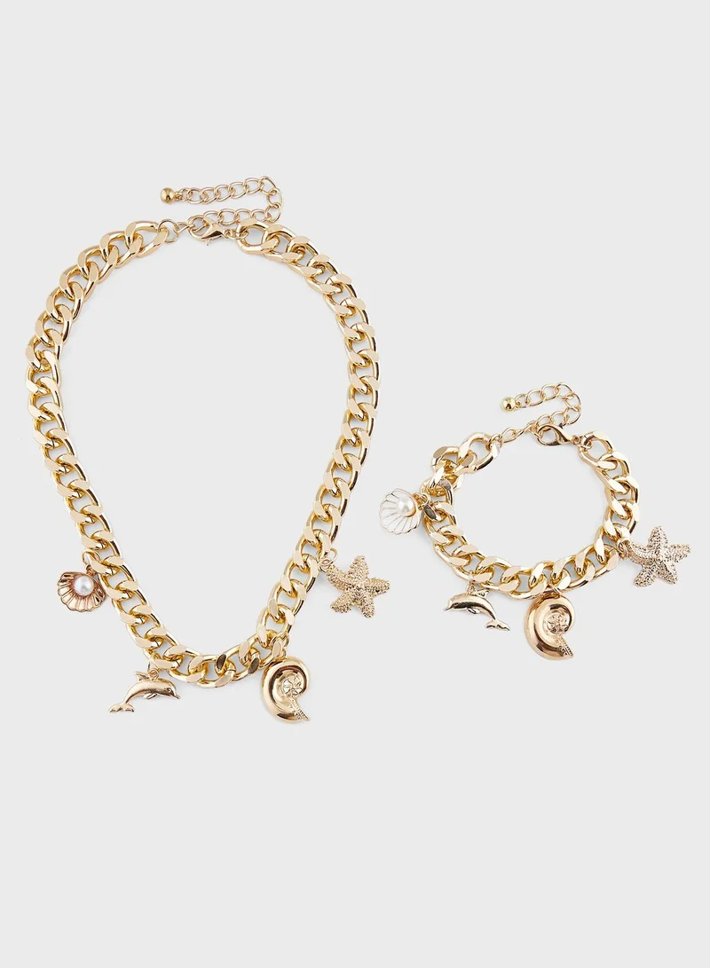 Ginger Multi Charm Oceanic Short Necklace & Bracelet Set