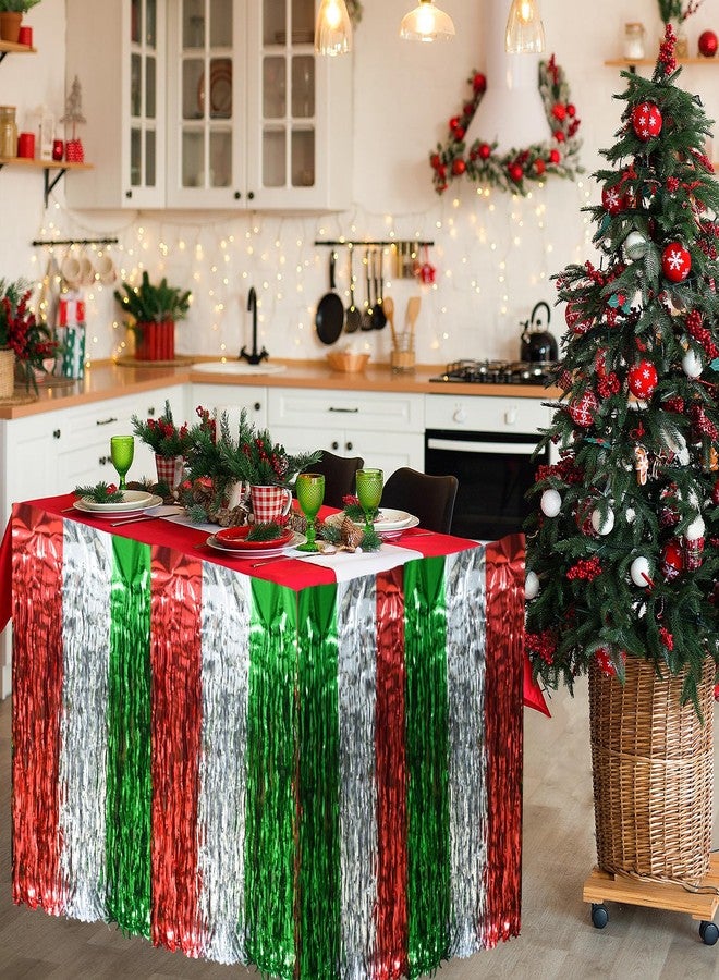 Jeyeou 2PCS Christmas Table Skirt Disposable Wavy Metallic Tinsel Foil Fringe Table Skirt Red White and Green Shiny Decoration Christmas Party Supplies for Rectangle Round Table Ugly Sweater Party 30X108Inch - Image 4