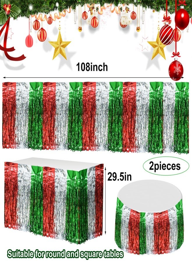 Jeyeou 2PCS Christmas Table Skirt Disposable Wavy Metallic Tinsel Foil Fringe Table Skirt Red White and Green Shiny Decoration Christmas Party Supplies for Rectangle Round Table Ugly Sweater Party 30X108Inch - Image 2