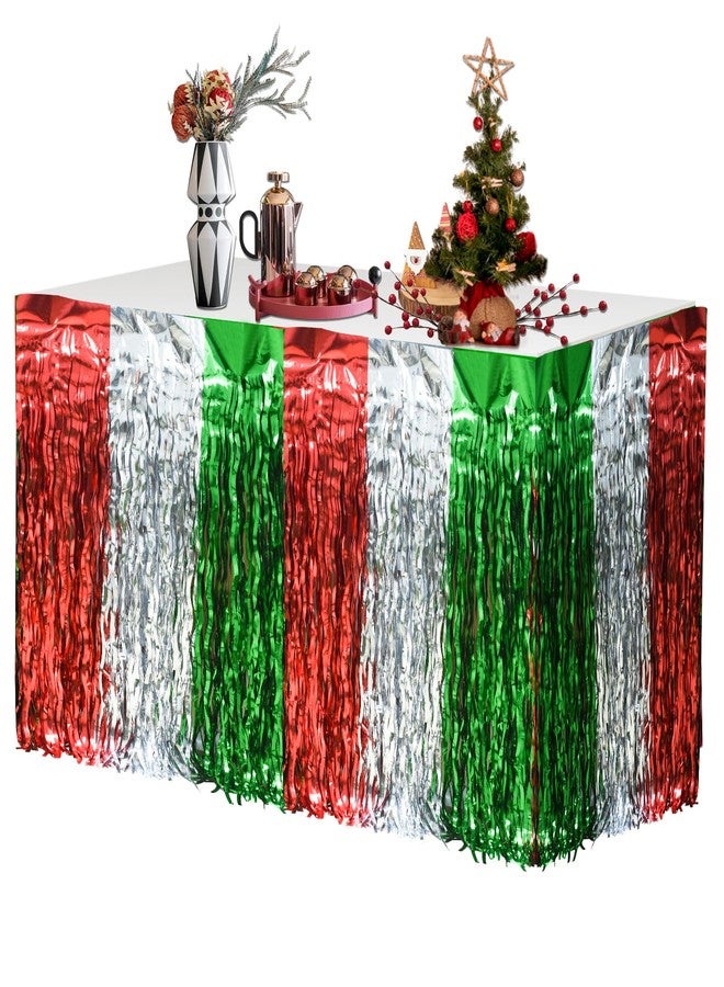 Jeyeou 2PCS Christmas Table Skirt Disposable Wavy Metallic Tinsel Foil Fringe Table Skirt Red White and Green Shiny Decoration Christmas Party Supplies for Rectangle Round Table Ugly Sweater Party 30X108Inch - Image 1
