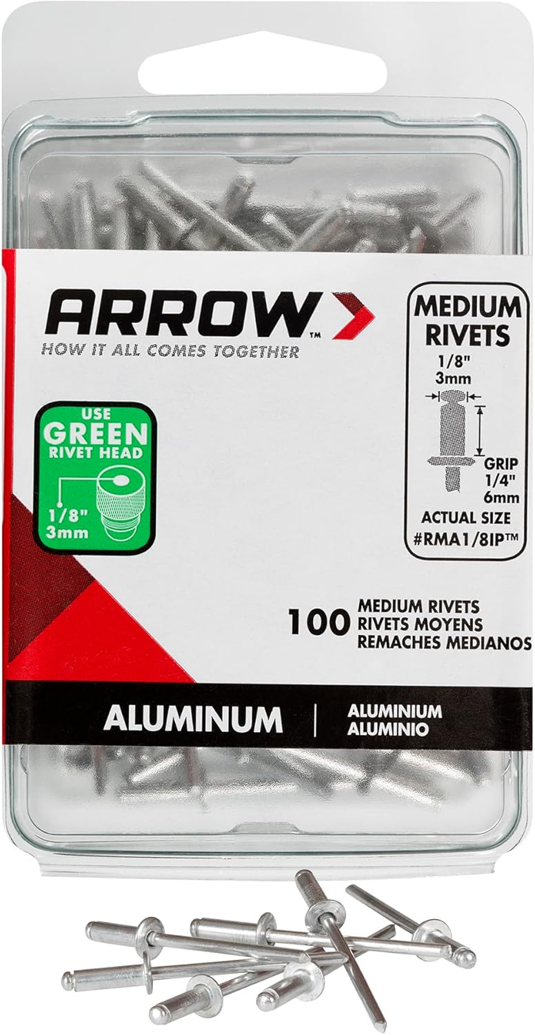 Arrow Fastener مسامير ريفيت ألومنيوم متوسطة 1/8 بوصة لإصلاح المعادن، الأقمشة، الجلد، والسيارات، عبوة 100 قطعة - Image 1