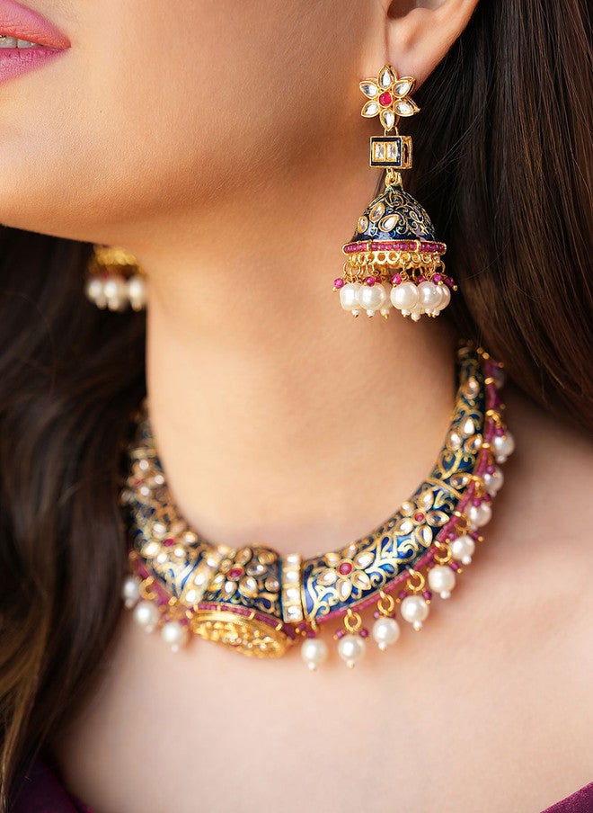 Binnis Wardrobe Gold Plated Kundan Studded & Artificial Beaded Necklace With Earrings - Image 2