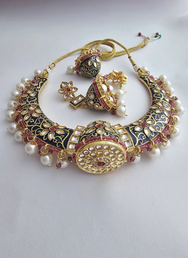 Binnis Wardrobe Gold Plated Kundan Studded & Artificial Beaded Necklace With Earrings - Image 3