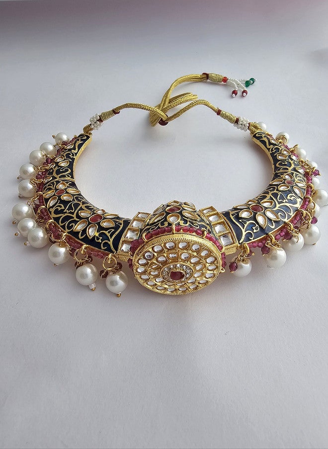 Binnis Wardrobe Gold Plated Kundan Studded & Artificial Beaded Necklace With Earrings - Image 5