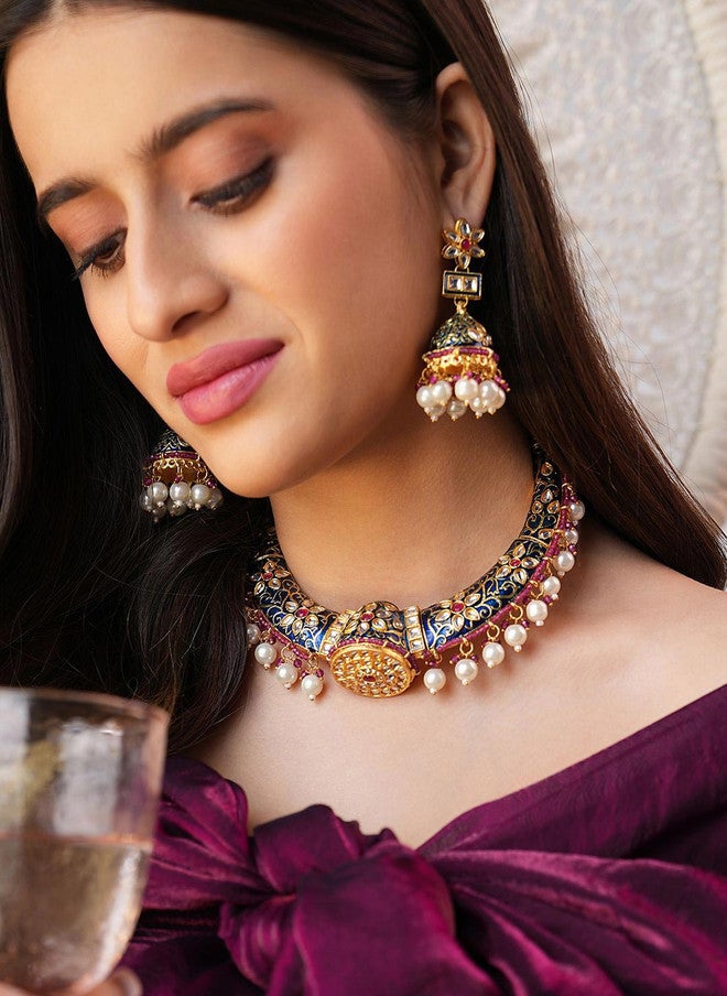 Binnis Wardrobe Gold Plated Kundan Studded & Artificial Beaded Necklace With Earrings - Image 1