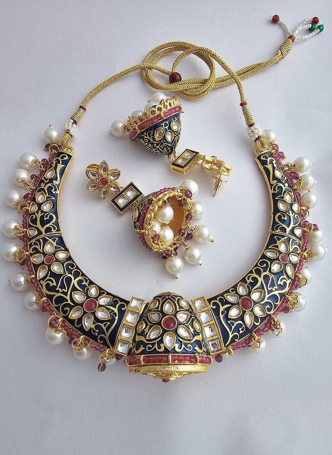 Binnis Wardrobe Gold Plated Kundan Studded & Artificial Beaded Necklace With Earrings - Image 4