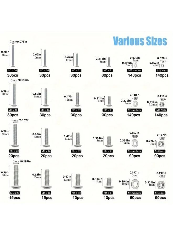 1220pcs M2 M3 M4 M5 Stainless Steel Hex Button Head Cap Bolts Screws Nuts Washers Kit - Image 3