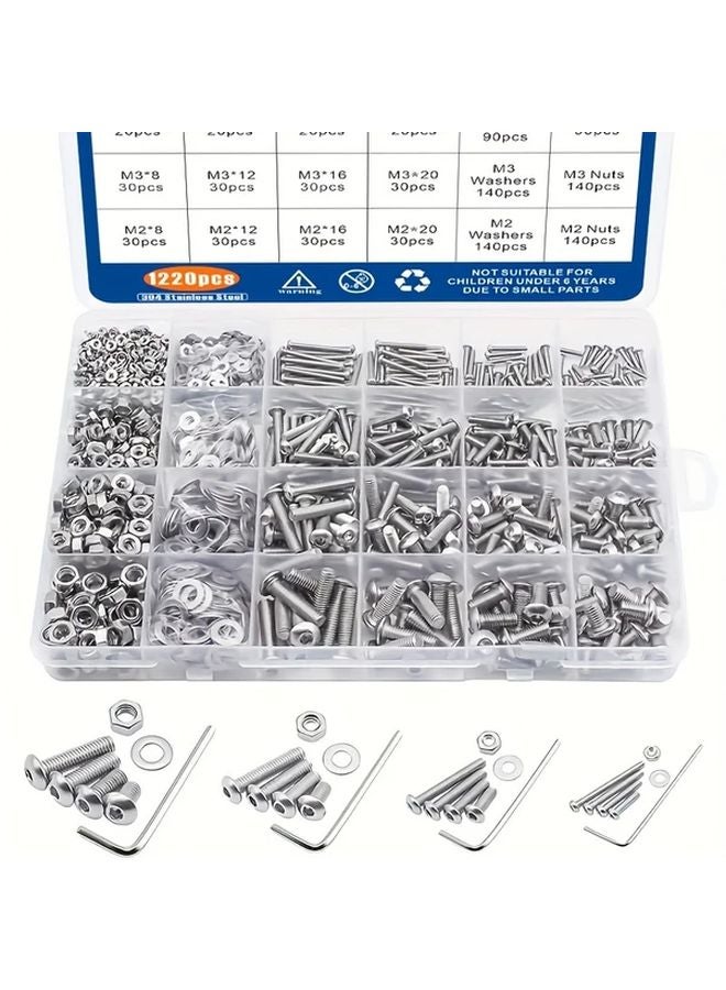 1220pcs M2 M3 M4 M5 Stainless Steel Hex Button Head Cap Bolts Screws Nuts Washers Kit - Image 2