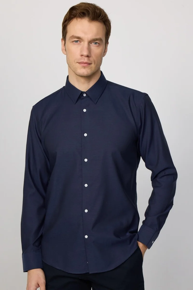 Tudors Slim Fit Non-Iron No Ironing Navy Blue Men's Shirt