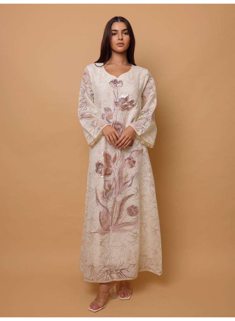 IKKXA Elegant Sequin Floral Applique Jalabiya IK1057 White - Image 5