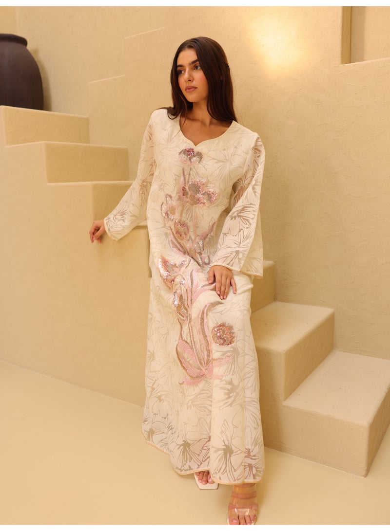 IKKXA Elegant Sequin Floral Applique Jalabiya IK1057 White - Image 1
