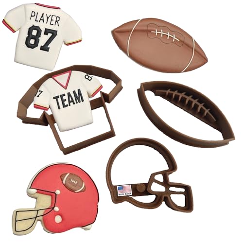 Heart's Treasure FOOTBALL COOKIE CUTTERS American Football With Laces Game Helmet And Jersey Uniform T-Shirt For Sports Super Bowl Cookie Cutters For Birthday Graduation (3 Pack) - Image 1