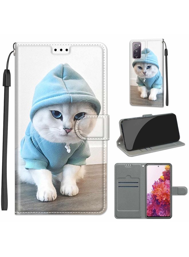 Case Cover For Samsung Galaxy S20 FE 5G Voltage Colored Drawing Magnetic Clasp Horizontal Flip PU Leather Case with Holder & Card Slots (C15 Blue Sweater White Cat)