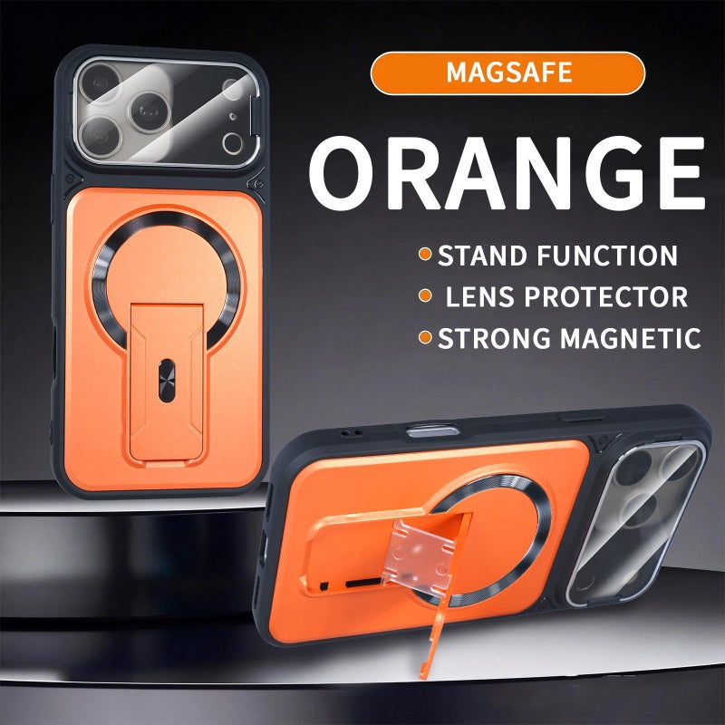 غطاء MagSafe بسيليكون لـ iPhone 14 / 14 Plus / 14 Pro / 14 Pro Max مع مغناطيس قوي وحامل قائم مع مقاوم للصدمات مع تغطية كاملة مع حماية من السقوط باللون برتقالي مغناطيسي بوظيفة حامل. - Image 1