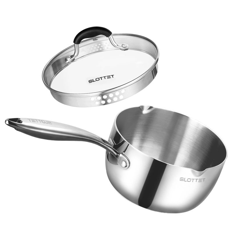 SLOTTET Tri-Ply Whole-Clad Stainless Steel Sauce Pan with Pour Spout,2.5 Quart Small Multipurpose Pasta Pot with Strainer Glass Lid, Saucepan for Cooking with Stay-cool Handle. - Image 1
