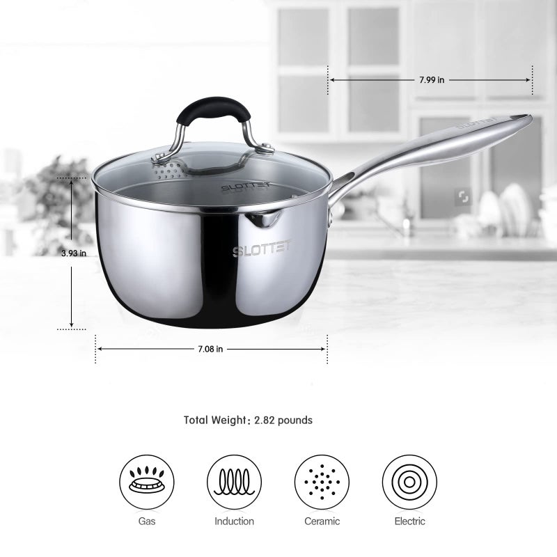 SLOTTET Tri-Ply Whole-Clad Stainless Steel Sauce Pan with Pour Spout,2.5 Quart Small Multipurpose Pasta Pot with Strainer Glass Lid, Saucepan for Cooking with Stay-cool Handle. - Image 5
