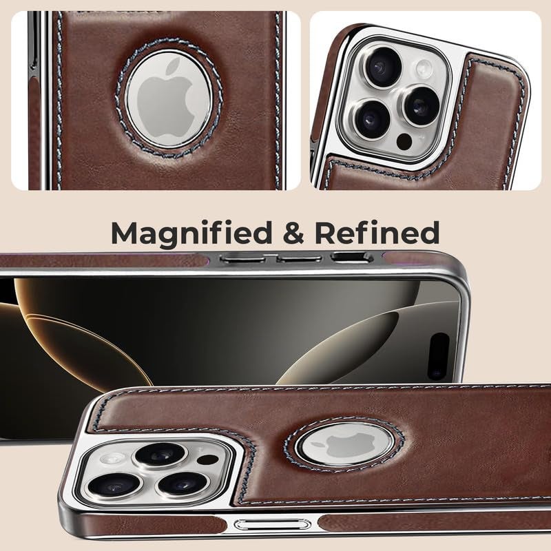 PULOKA Chrome Leather Back Case - Compatible with iPhone 14 Pro - Luxury Bumper Case - Flexible Vegan Leather - Electroplated Sides & Logocut - Full Camera Protetection & Raised Edges - Brown - Image 5