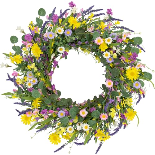 J'FLORU Spring Wreaths for Front Door 22 Inch Artificial Summer Wreath Daisy and Lavender Wreath with Wildflowers for Home Wall Farmhouse Springtime Easter Holiday Party - Image 1