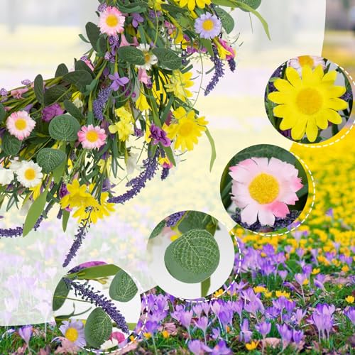 J'FLORU Spring Wreaths for Front Door 22 Inch Artificial Summer Wreath Daisy and Lavender Wreath with Wildflowers for Home Wall Farmhouse Springtime Easter Holiday Party - Image 5
