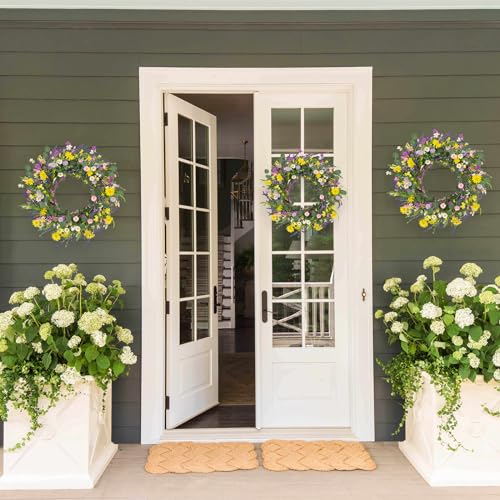 J'FLORU Spring Wreaths for Front Door 22 Inch Artificial Summer Wreath Daisy and Lavender Wreath with Wildflowers for Home Wall Farmhouse Springtime Easter Holiday Party - Image 3