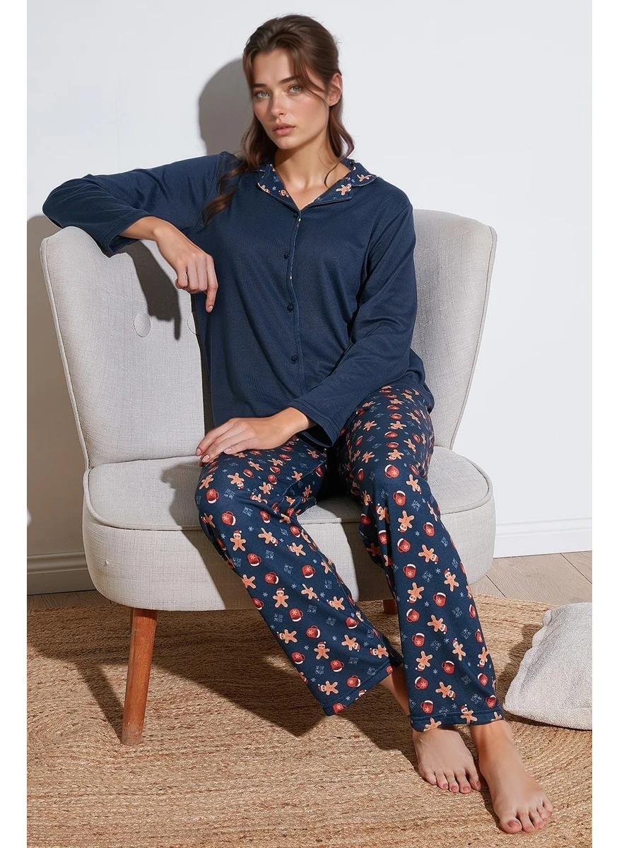 Lela Patterned Regular Fit Open Collar Elastic Waist Wide Leg Pajama Set Women's PAJAMAS SET 65714300