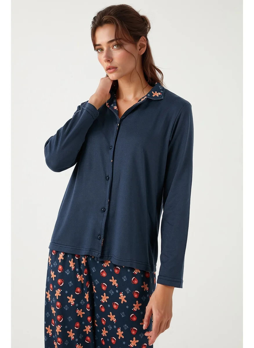 Lela Patterned Regular Fit Open Collar Elastic Waist Wide Leg Pajama Set Women's PAJAMAS SET 65714300