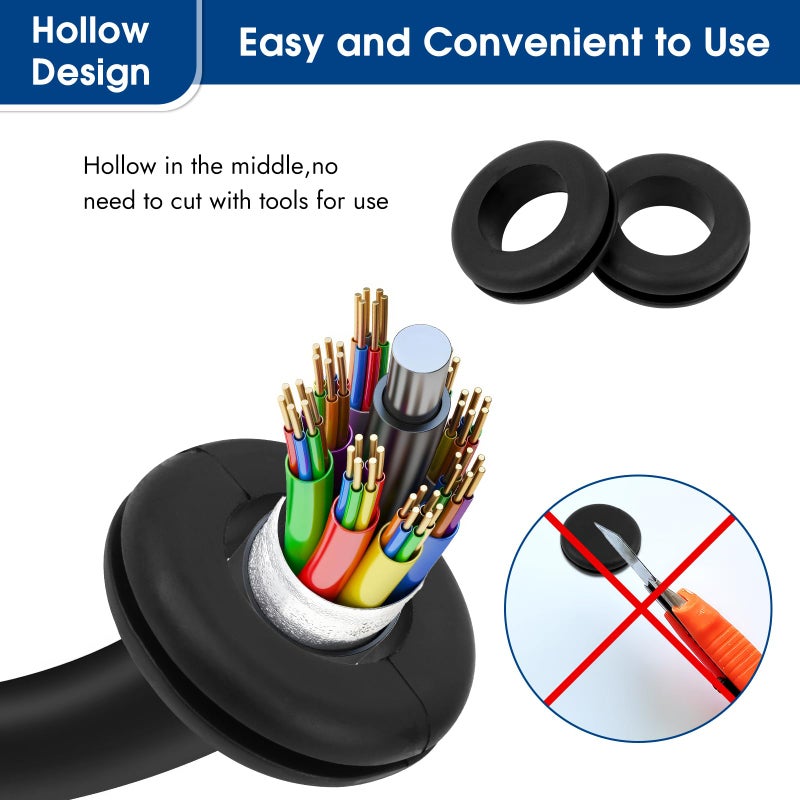 Opvixi 200pcs Rubber Grommet Kit, Hollow Firewall Grommet, 8 Sizes Wire Grommets Assortment for Wiring, Hole Plugs, Automotive, Cord Organization (1/2", 1/4", 3/8", 5/8", 7/8", 5/16", 7/16", 1") - Image 3