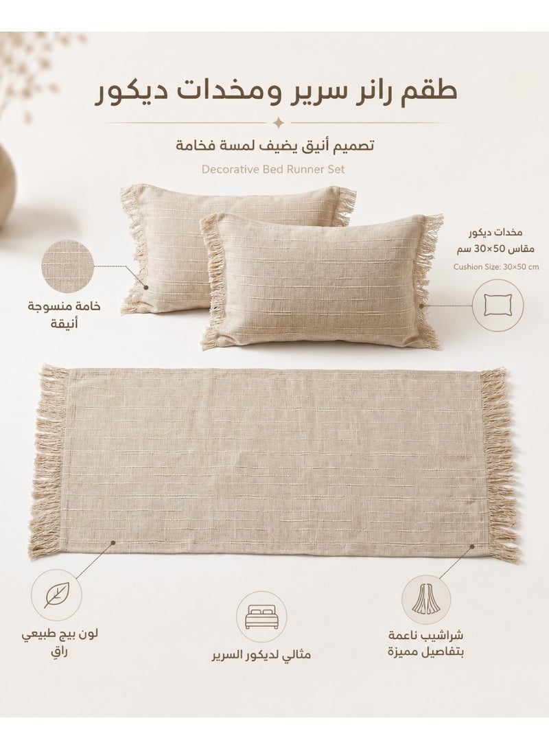 TM HOME Bed Runner Set with 2 Cushion Covers, Linen, Elegant Hotel-Style Bedroom Decor, Beige - Image 1