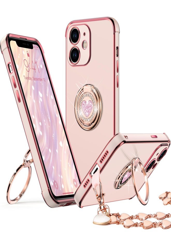 XYZ جراب XYZ لهاتف iPhone 12 مع حامل، جراب هاتف مزود بحامل مزدوج الحلقات للنساء والفتيات، جراب فاخر لحماية الهاتف على شكل قلب باللون الوردي لهاتف iPhone 12 - Image 1