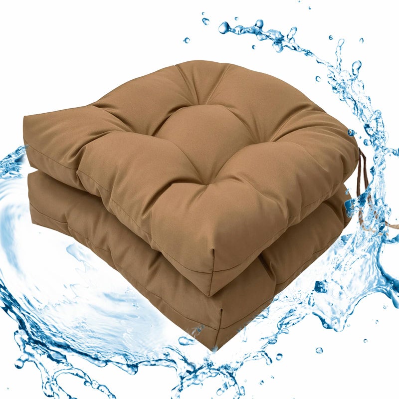 Wadser Outdoor/Indoor Chair Cushions Burgundy  Tufted Patio Seat Cushions Round Corner  2 Pack Waterproof Chair Pads with Ties  19""x19""x3.9"" - Image 1