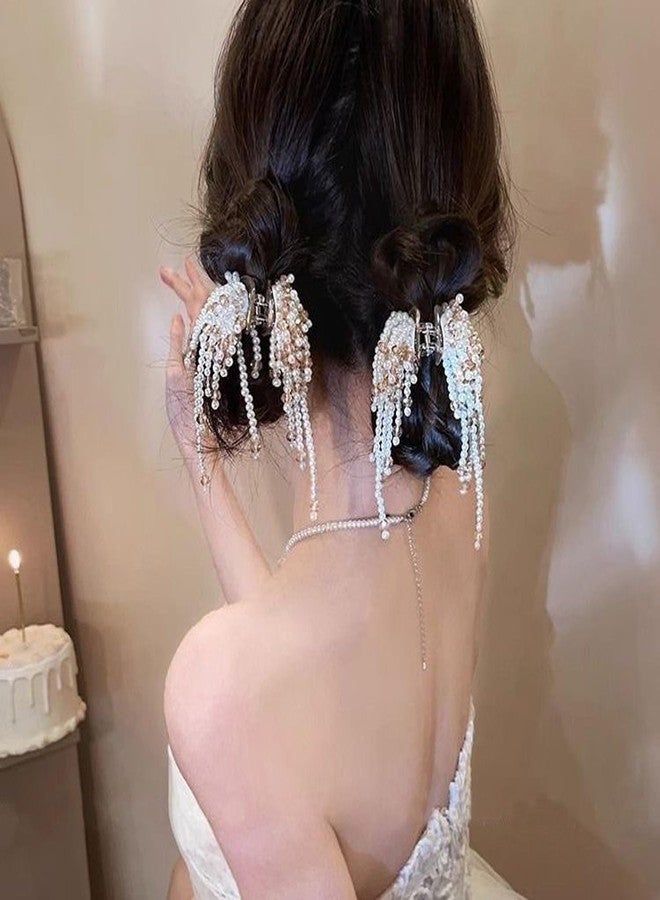 Agirlvct Pearl Hair Clips for Women, Pearl Beads Tassel Rhinestone Non Slip Hair Claw Clip, Elegant French Hair Pins Accessories for Styling Party Birthday Wedding Gift Thin Thick Hair (3 PCS) - Image 3