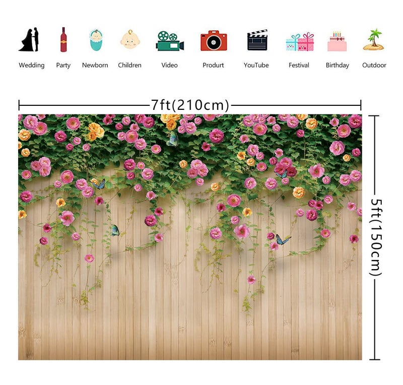 WOLADA Spring Flower Wall Backdrop Colorful Roses with Butterflies Background Ideal for Spring Photo Shoots Wedding Bridal Shower Garden Themed Parties Studio Props 7x5FT 8909 - Image 3