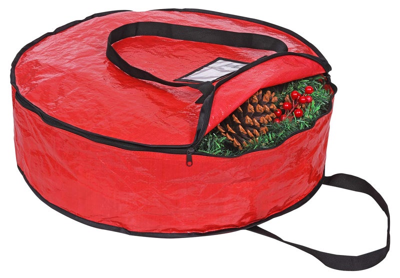 ProPik Christmas Wreath Storage Bag 24" - Garland Holiday Container with Tear Resistant Material - Featuring Heavy Duty Handles and Transparent Card Slot - 24â€ X 8â€ (Red)