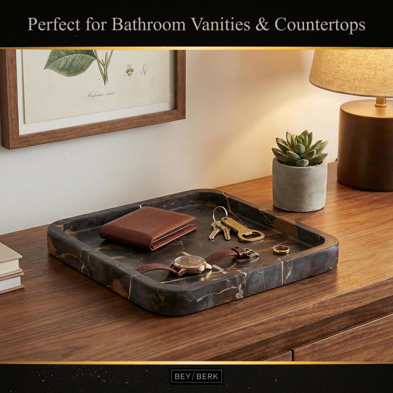 Bey-Berk Robbie Marble Valet Tray (Brown), 9" x 9" Square Stone Catchall Organizer for Keys, Wallet, and Jewelry, Brown Emperador Bathroom Caddy Countertop DÃ©cor - Image 4