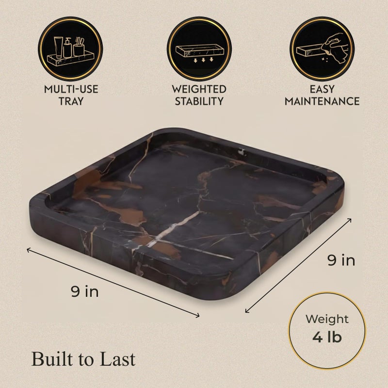 Bey-Berk Robbie Marble Valet Tray (Brown), 9" x 9" Square Stone Catchall Organizer for Keys, Wallet, and Jewelry, Brown Emperador Bathroom Caddy Countertop DÃ©cor - Image 2