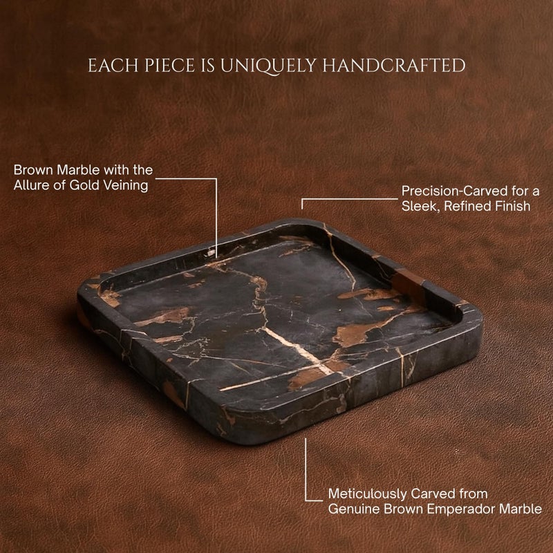 Bey-Berk Robbie Marble Valet Tray (Brown), 9" x 9" Square Stone Catchall Organizer for Keys, Wallet, and Jewelry, Brown Emperador Bathroom Caddy Countertop DÃ©cor - Image 5