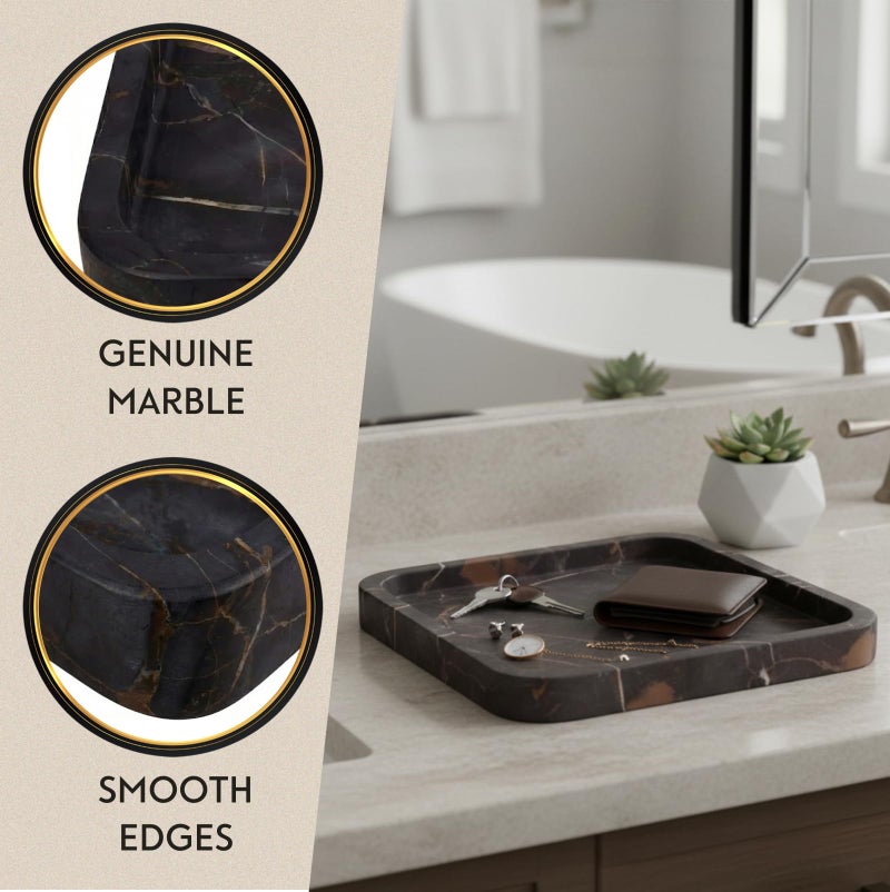 Bey-Berk Robbie Marble Valet Tray (Brown), 9" x 9" Square Stone Catchall Organizer for Keys, Wallet, and Jewelry, Brown Emperador Bathroom Caddy Countertop DÃ©cor - Image 3