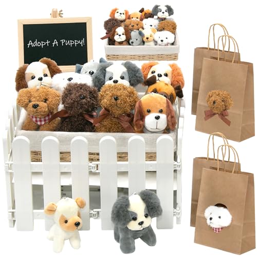 Tldcdte 37Pcs Adopt A Puppy Party Favors Set 12 Plush Puppy Toys with 12 Rattan BasketGift BagsFenceChalkboardDog Adoption Birthday Party SuppliesDog Themed Birthday Party Decorations - Image 1