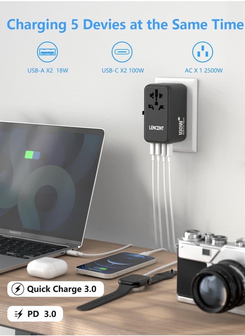 Lencent - Universal Travel Adapter 100w Gan3 International Adaptor With 2 Qc 4.0 Usb A And 2 Pd 3.0 Type C Pps Fast Charging Worldwide Wall Charger For Iphone Tablets Laptop Plug Adapter Black - Image 1