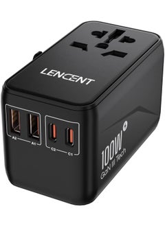 لينسينت محول السفر العالمي 100 وات Gan3 محول دولي مع 2 Qc 4.0 USB A و2 Pd 3.0 Type C Pps شحن سريع عالمي لشاحن الحائط لأجهزة Iphone اللوحية والكمبيوتر المحمول ومحول التوصيل أسود  - Image 1
