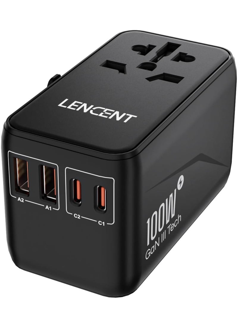 Lencent - Universal Travel Adapter 100w Gan3 International Adaptor With 2 Qc 4.0 Usb A And 2 Pd 3.0 Type C Pps Fast Charging Worldwide Wall Charger For Iphone Tablets Laptop Plug Adapter Black - Image 1
