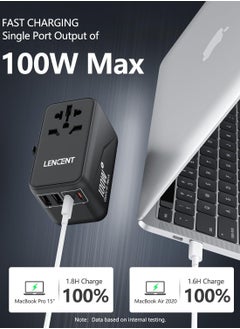 لينسينت محول السفر العالمي 100 وات Gan3 محول دولي مع 2 Qc 4.0 USB A و2 Pd 3.0 Type C Pps شحن سريع عالمي لشاحن الحائط لأجهزة Iphone اللوحية والكمبيوتر المحمول ومحول التوصيل أسود  - Image 3