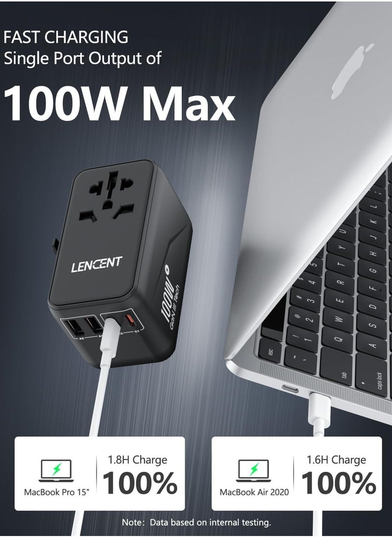 Lencent - Universal Travel Adapter 100w Gan3 International Adaptor With 2 Qc 4.0 Usb A And 2 Pd 3.0 Type C Pps Fast Charging Worldwide Wall Charger For Iphone Tablets Laptop Plug Adapter Black - Image 1