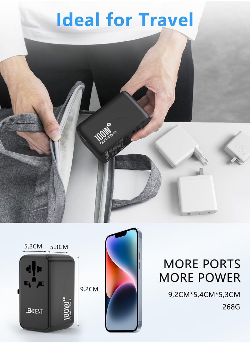 Lencent - Universal Travel Adapter 100w Gan3 International Adaptor With 2 Qc 4.0 Usb A And 2 Pd 3.0 Type C Pps Fast Charging Worldwide Wall Charger For Iphone Tablets Laptop Plug Adapter Black - Image 1