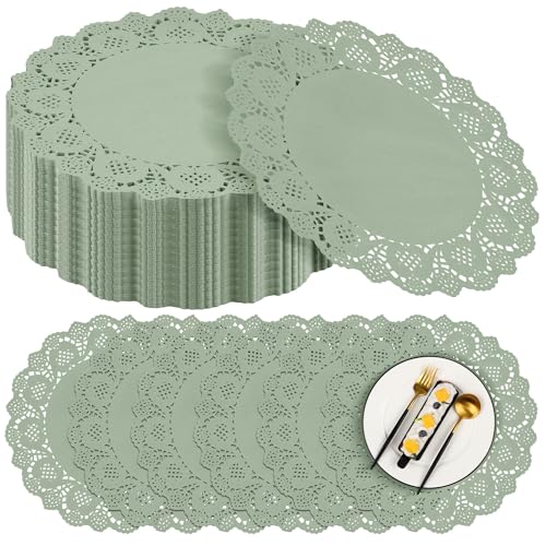 MCEAST 300 Pack Round Sage Green Paper Doilies 13.5 Inches Lace Paper Place Mats Rustic Scallop Doily Disposable Table Pads for Food Cakes Crafts Party Weddings Tableware Decor - Image 1