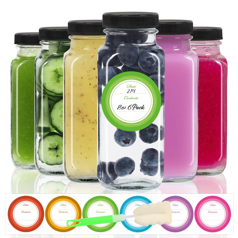 STARSIDE 8 oz Glass Juice Bottles with Lids 6 Pack - Square Reusable Drinking Jars for Juicing, Milk, Kombucha - Includes 1 Bottle Brush, 6 Colored Labels - Image 1