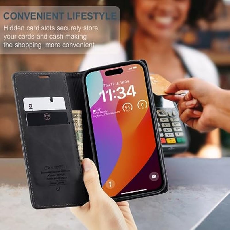 كيس مي غطاء محفظة CaseMe لهاتف iPhone 15 Pro Max، يدوي الصنع من الجلد المتين ذو إغلاق مغناطيسي، غطاء قابل للطي مضاد للسقوط والصدمات مع حامل وبطاقات لهاتف iPhone 15 Pro Max (أسود) - Image 4