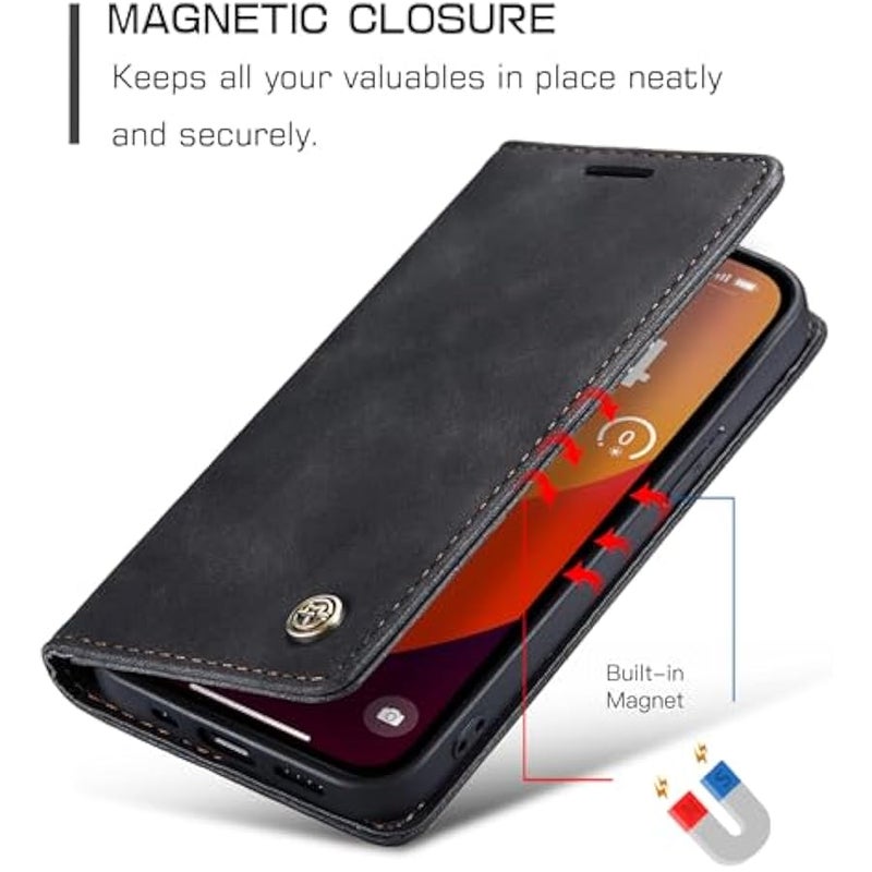 كيس مي غطاء محفظة CaseMe لهاتف iPhone 15 Pro Max، يدوي الصنع من الجلد المتين ذو إغلاق مغناطيسي، غطاء قابل للطي مضاد للسقوط والصدمات مع حامل وبطاقات لهاتف iPhone 15 Pro Max (أسود) - Image 3
