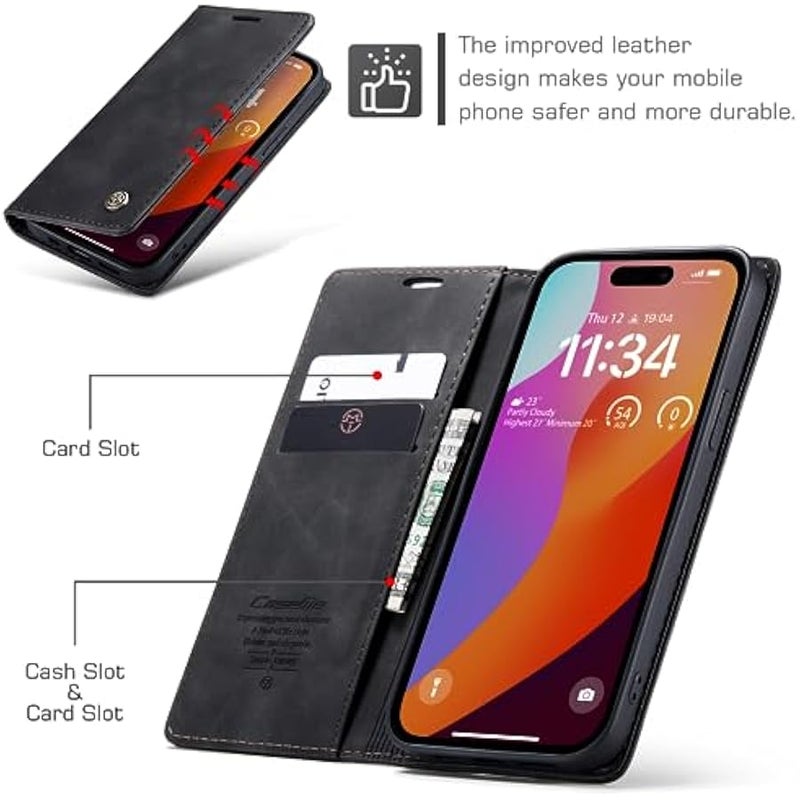 كيس مي غطاء محفظة CaseMe لهاتف iPhone 15 Pro Max، يدوي الصنع من الجلد المتين ذو إغلاق مغناطيسي، غطاء قابل للطي مضاد للسقوط والصدمات مع حامل وبطاقات لهاتف iPhone 15 Pro Max (أسود) - Image 2